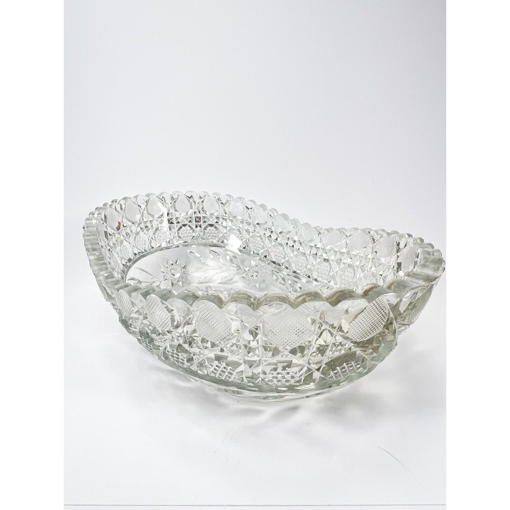 ABP American Brilliant Period Crystal Long Bowl Cane Hobstar Fan Crosshatching